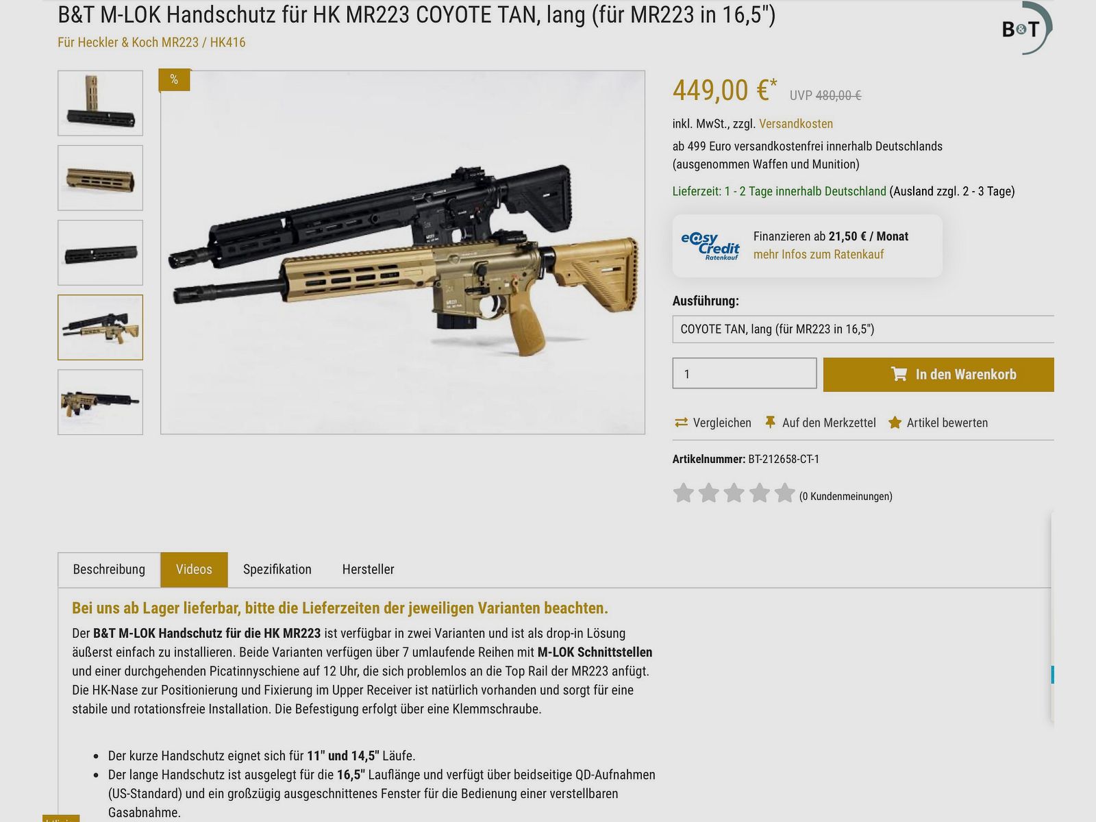 B&T M-LOK protezione per le mani per HK MR223 COYOTE TAN Cerakote lunga (per MR223 in 16,5")