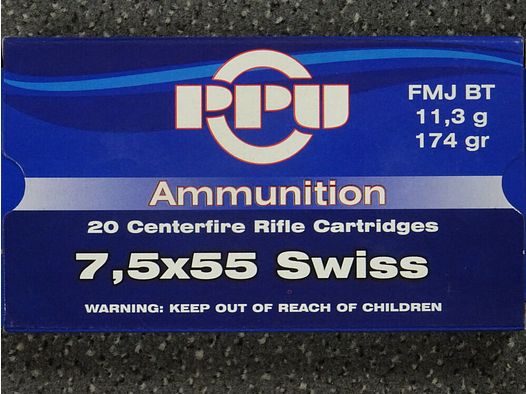 PPU MUNICIÓN 7,5x55 SUIZA FMJ BT 11,3 g