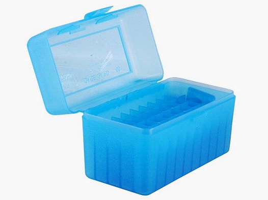 Boîte à cartouches MTM RL-50-24 bleu clair avec couvercle rabattable pour 50 cartouches .270 et autres.