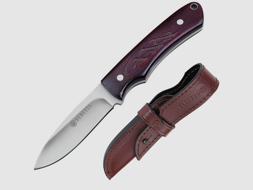 Beretta outdoormes, 440C, cocobolo handvat met duimsteun, bruine leren schede jachtmes