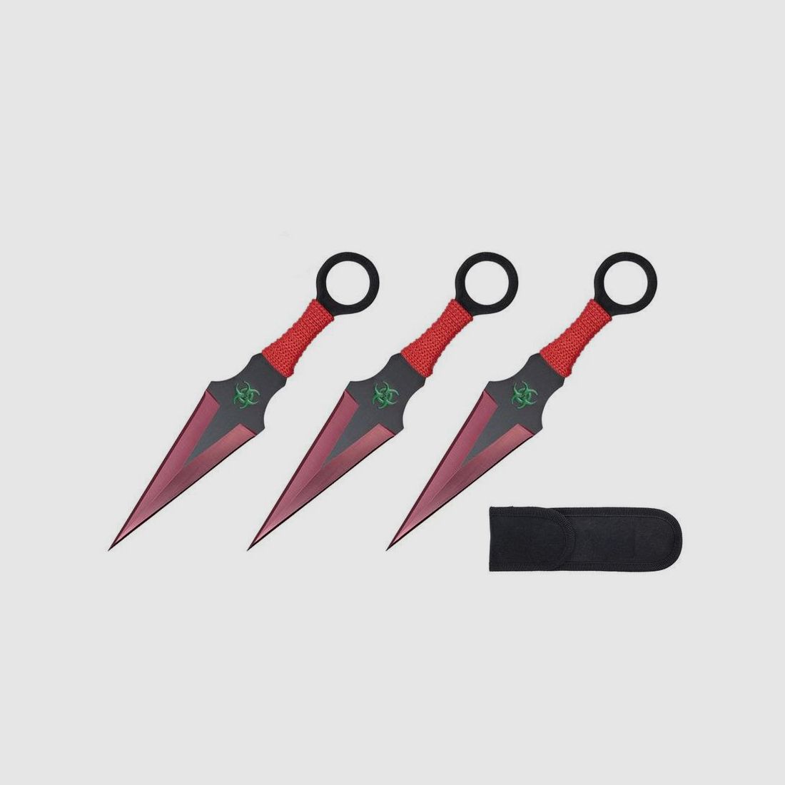 Kunai 3-delige set werpmessen rood met nylon schede