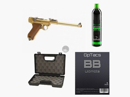 SET !!! Softair - Pistole - WE - P08 8 Inch Full Metal GBB gold - ab 18, ber 0,5 Joule