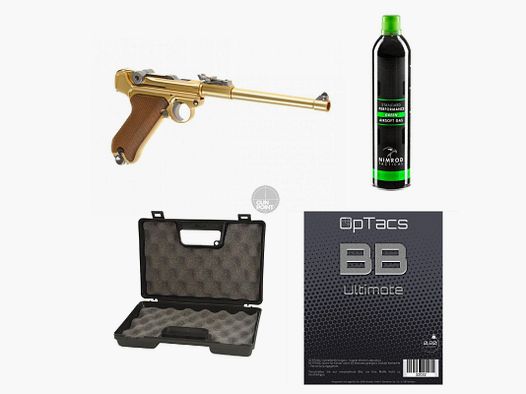 SET !!! Softair - Pistole - WE - P08 8 Inch Full Metal GBB gold - ab 18, ber 0,5 Joule