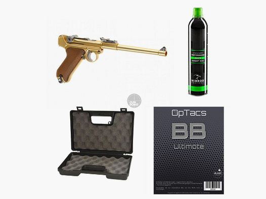 SET !!! Softair - Pistole - WE - P08 8 Inch Full Metal GBB gold - ab 18, ber 0,5 Joule