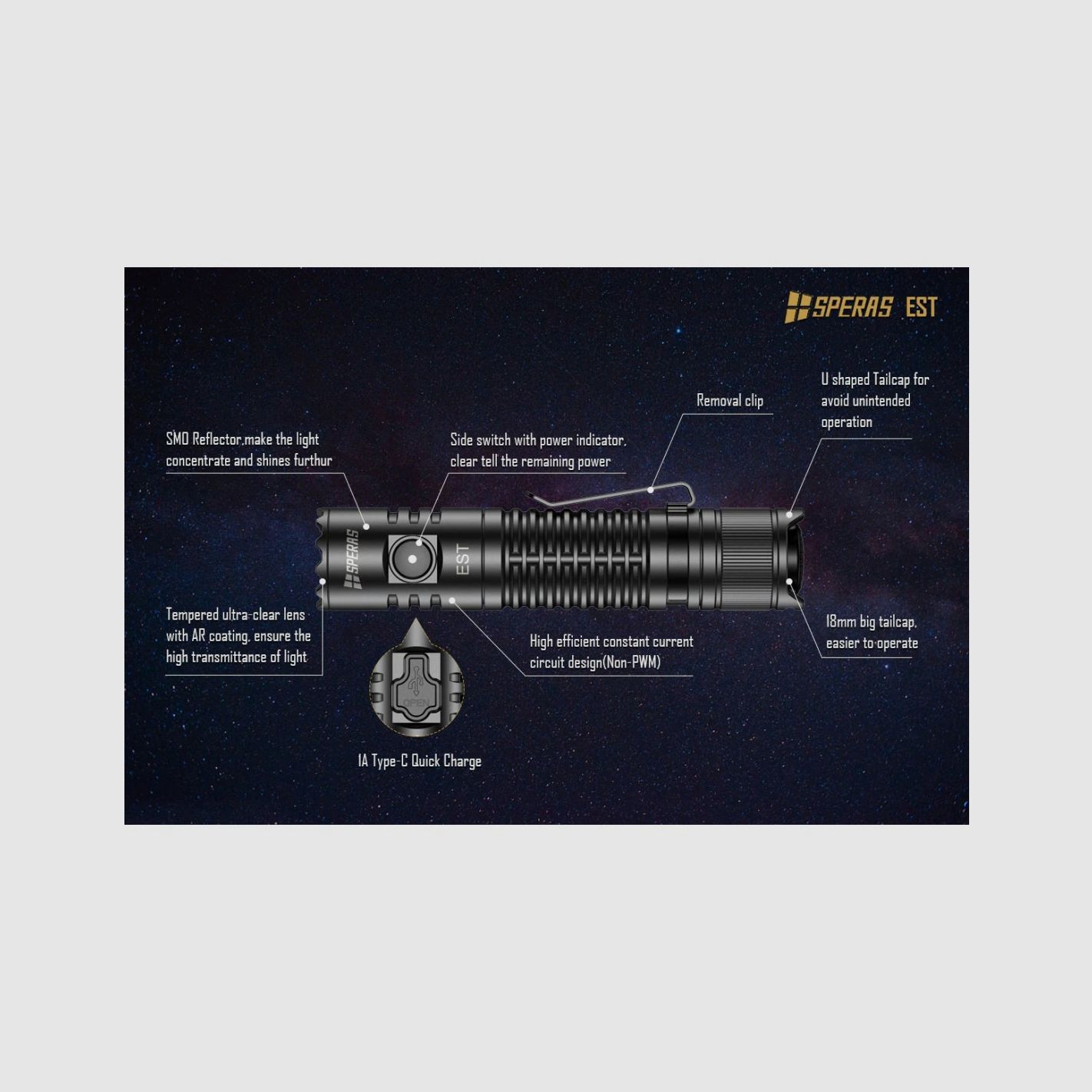 SPERAS TORCIA EST 211M 1900LM TACTICAL WIEDERAUFLADBAR USB-C, Bild 8 von 14