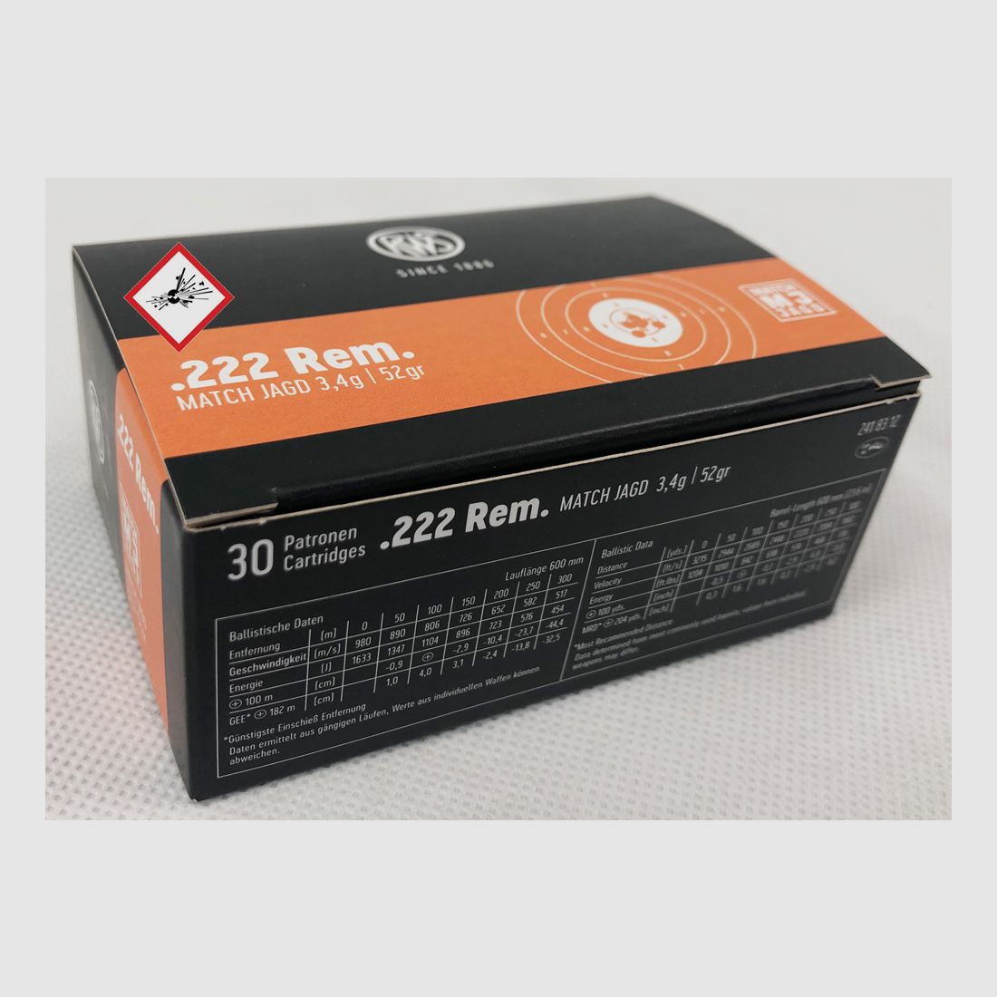 RWS hunting cartridge cal. .222 Rem MJ 55grs