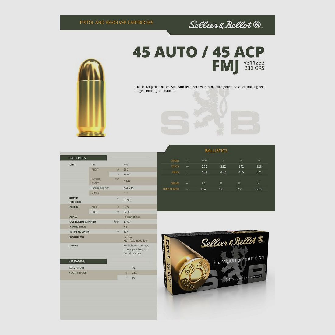 Patronen Sellier & Bellot 45 ACP 230GR FMJ, Bild 3 von 3