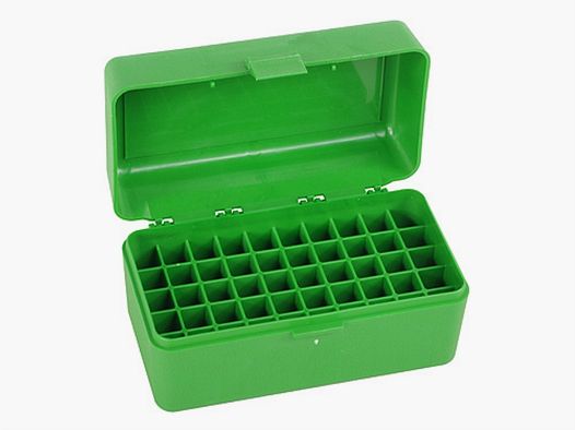 MTM scatola per cartucce RM-50-10 verde con coperchio a ribalta per 50 cartucce .22-250 e altre.