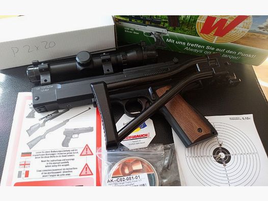 Sammlungsauflösung: Pistole Weihrauch HW45 mit Zielfernrohr und Anschlagsschaft (Kaliber 4,5 mm auch bekannt als .177) / das Gesamtpaket "Operation-Airborne"