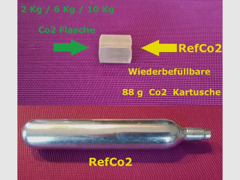 88 g Co2 Kartusche - RefCo2 ! Refill / Wiederbefüllbar ! + Befüll Adapter, 2-10 Kg, < 1  je Füllung