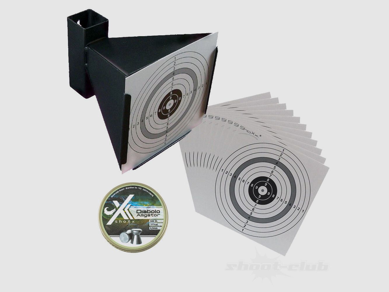 shoXx funnel bullet trap black + Alligator diabolo + target sheets