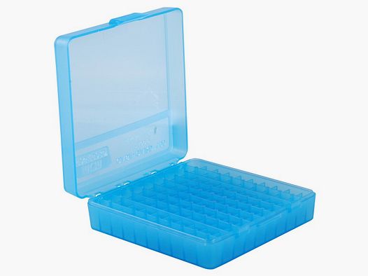 MTM cartridge box P-100-9-24 blue clear with flip lid for 100 cartridges 9mm and others.