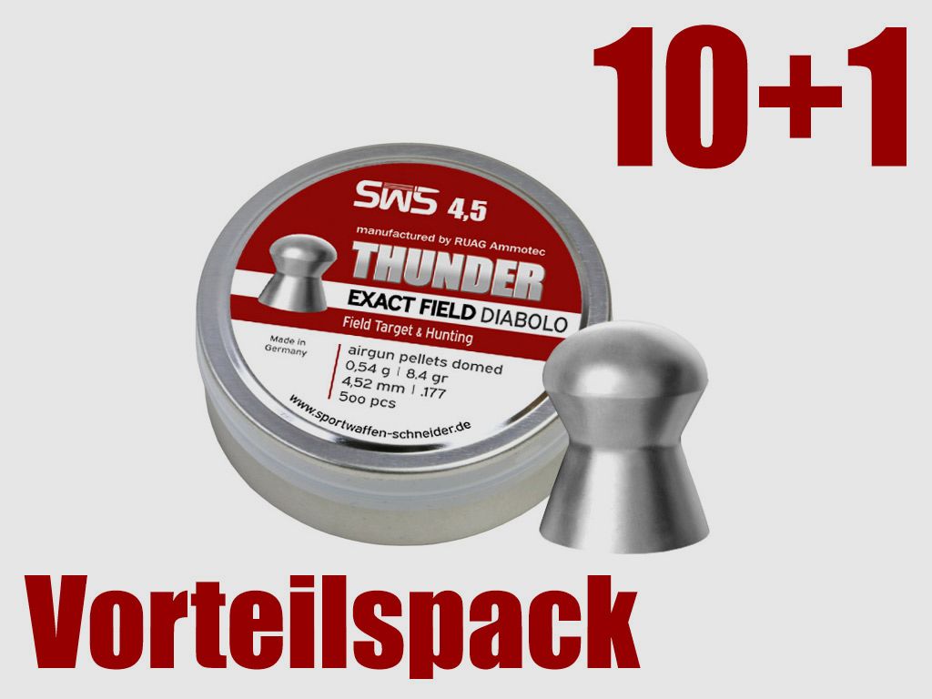 Vorteilspack 10+1 Rundkopf Diabolos SWS Thunder Exact Field Kaliber 4,52 mm 0,54 g glatt 11 x 500 StĂĽck