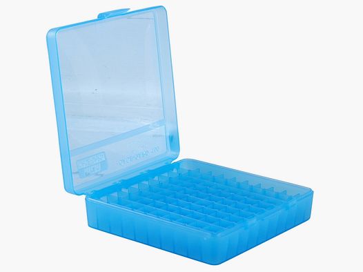 MTM cartridge box P-100-45-24 blue clear with flip lid for 100 cartridges .45 ACP and others.
