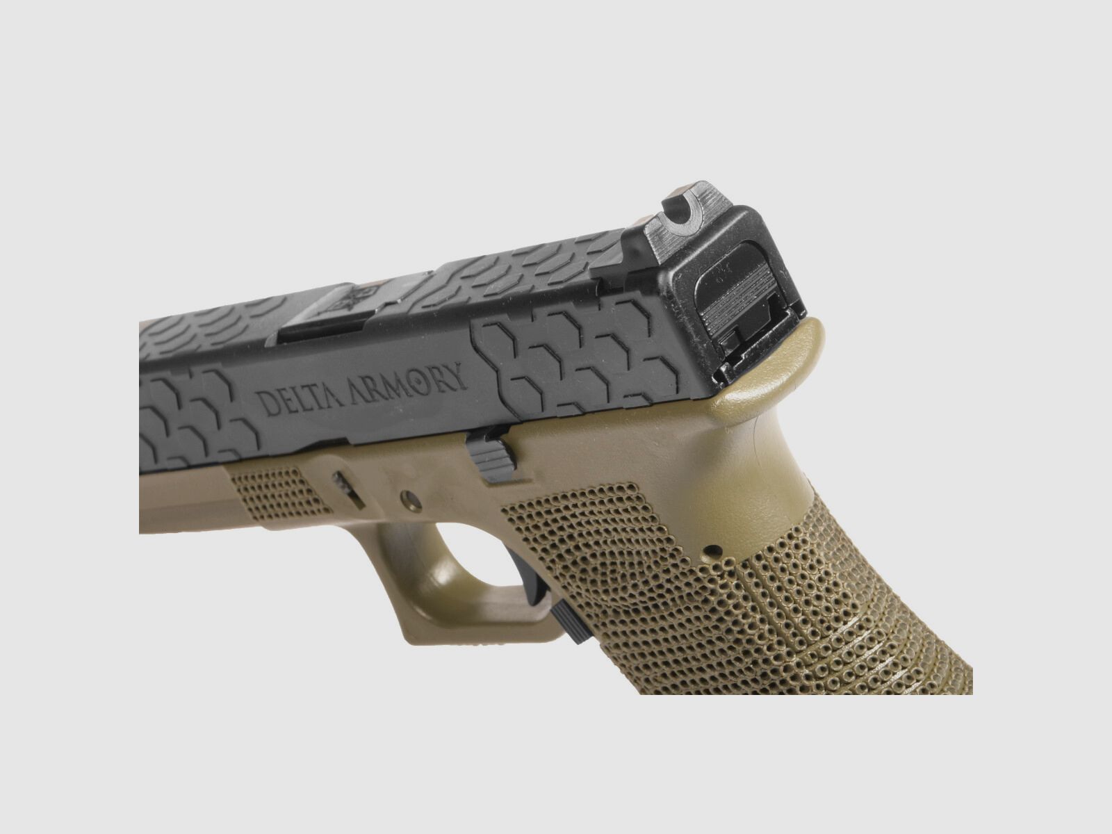 P03 GBB Airsoft Pistol with Grip Stippling in Olive | Delta Armory