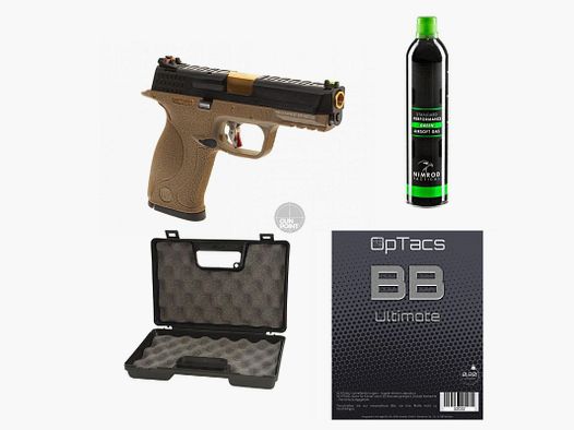 SET !!! Airsoft - Pistol - WE - WET-05 BK Gold Barrel Metal Version GBB FDE - from 18, over 0.5 Joule
