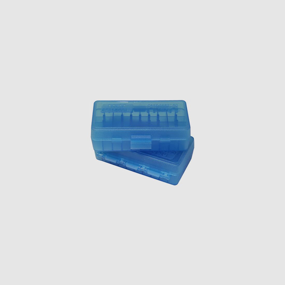 MTM scatola per cartucce P50-45-24 blu trasparente con coperchio a ribalta per 50 cartucce .45 ACP e altre.