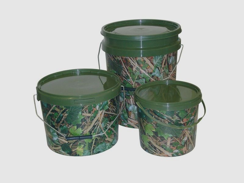 Futtereimer mit Deckel - Rund - 10 Liter - Camouflage (Motiv Waldboden)