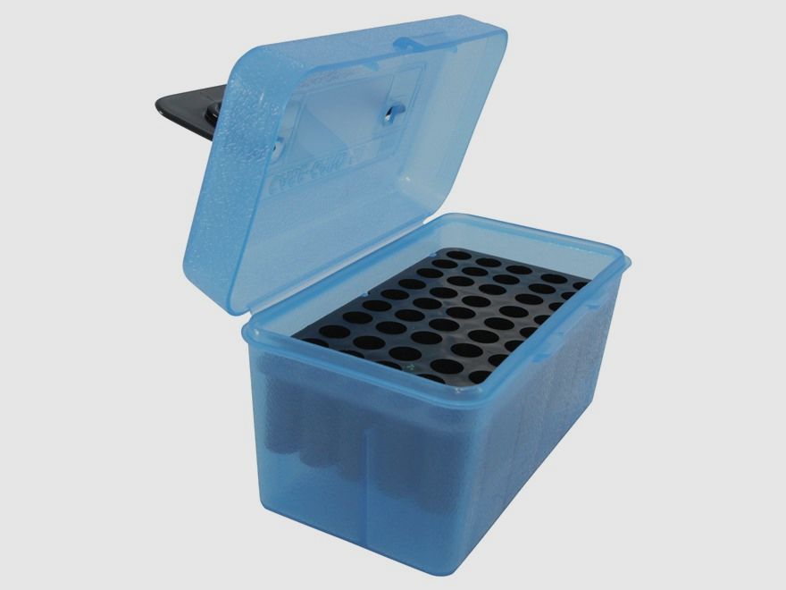 MTM Deluxe scatola per cartucce H50-R-MAG-24 blu trasparente con coperchio a ribalta e maniglia per 50 cartucce .257 e altre.