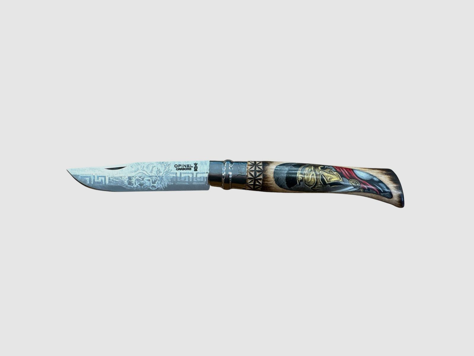 COLTELLO – OPINEL – N.12 CARBONE REALIZZATO A MANO CON SPARTANO E LEONE, immagine 1 di 5