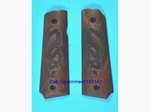 Nussbaum-Griffschalen für Colt 1911A1 Government mit Drachen-Gravur