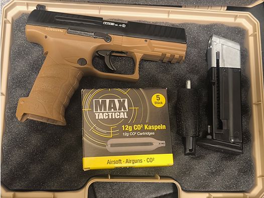 ⚠️ Achtung MagFed Freunde, Walther PPQ M2 T4E Dark Earth Brown, Kaliber .43, nur ein mal ein Magazin zur Probe Geschossen &  Kratzer Frei & Dichtung absolut Dicht & eine 5er Packung Max Tactical Co2-Kartuschen ⚠️ Achtung Versandkosten Frei!! 
