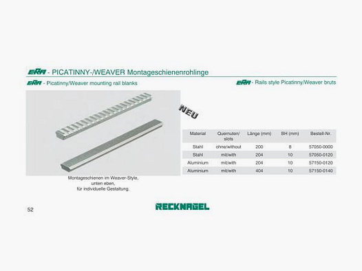 RECKNAGEL Basis/Schiene f. Montagen Picatinny-Schiene 200mm Stahl -roh, nicht beschichtet