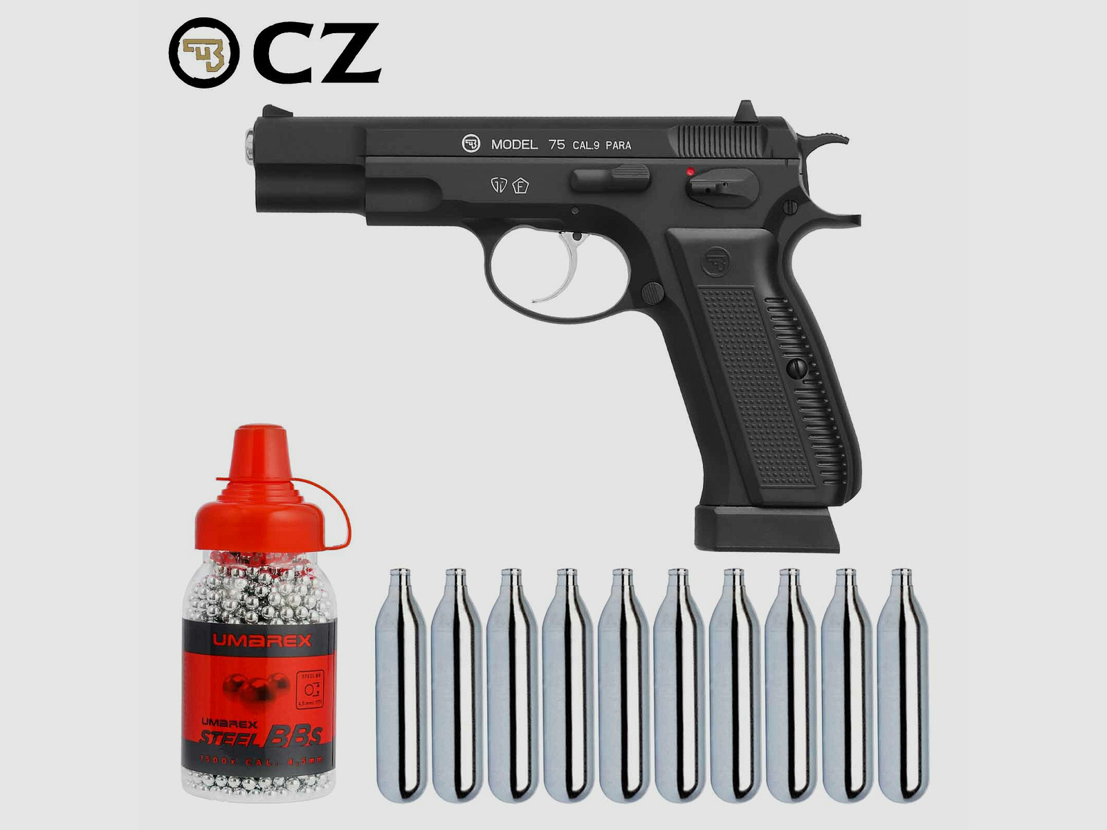 Luftpistolenset CZ 75 4,5 mm Stahl BB Co2-Pistole Vollmetall Blow Back (P18) + 10 Co2-Kapseln Umarex + 1500 Stahl BB's Umarex