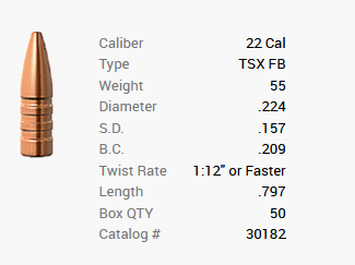 Barnes bullet .22/.224 55GR TSX FB 50 pieces