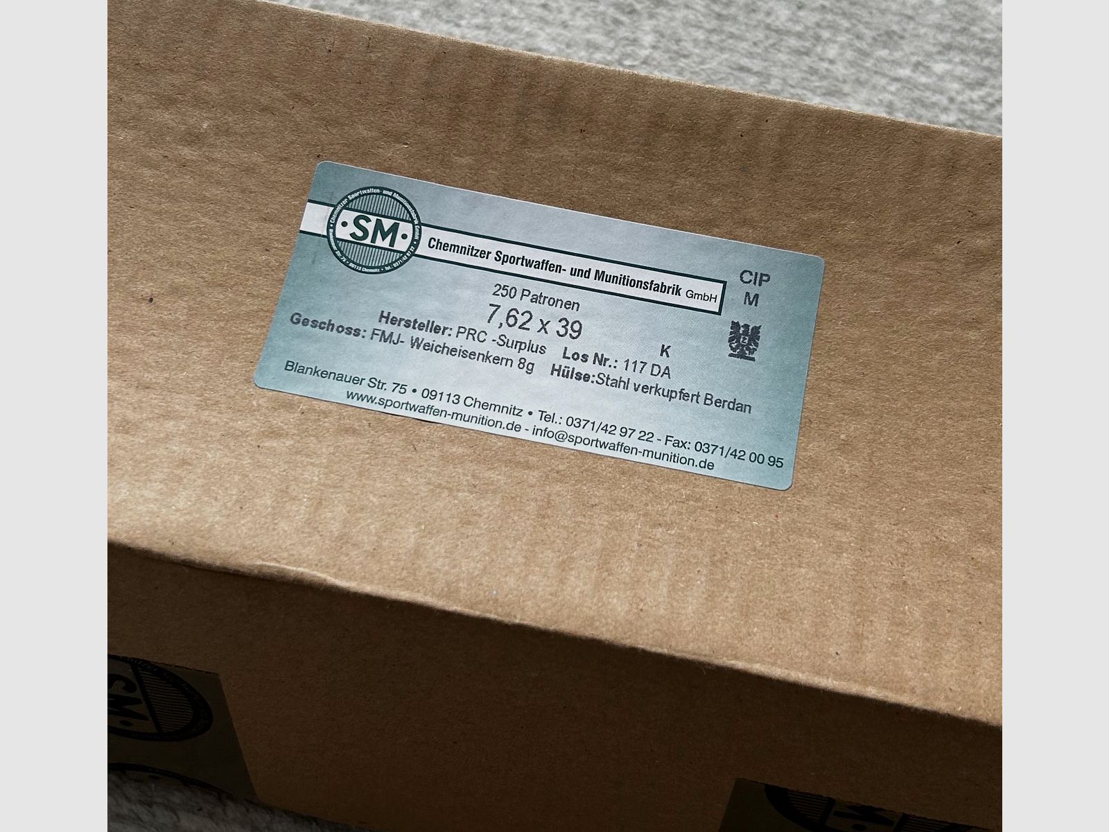 7,62x39 SM FMJ 8,0g 1.000 Stk (19EUR per Pack)