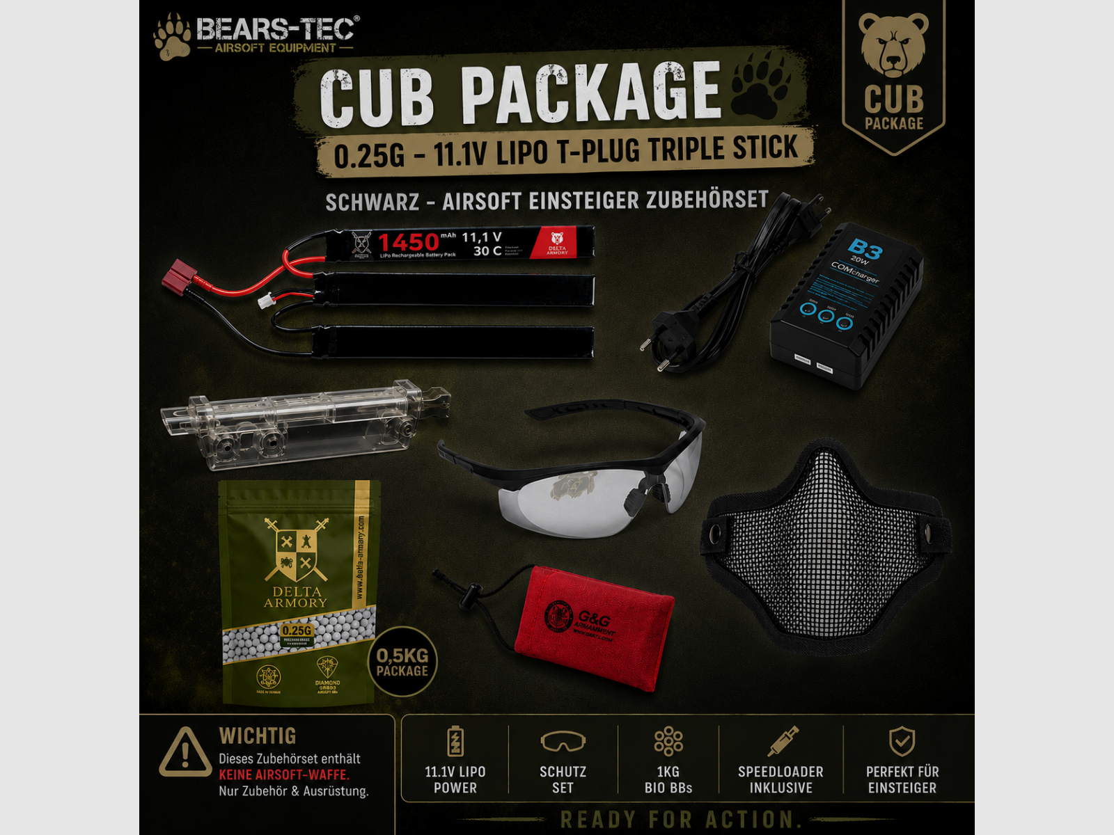 Cub Package 0.28g – 11.1v LiPo T-Plug Triple Stick Nero – Set di Accessori per Principianti per Airsoft, immagine 1 di 8