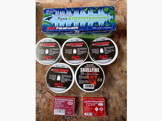 5x cartucce 9mmRK Knall, 2x cartucce di pepe 9mmRK, 1x fuochi d'artificio Zink Ratter