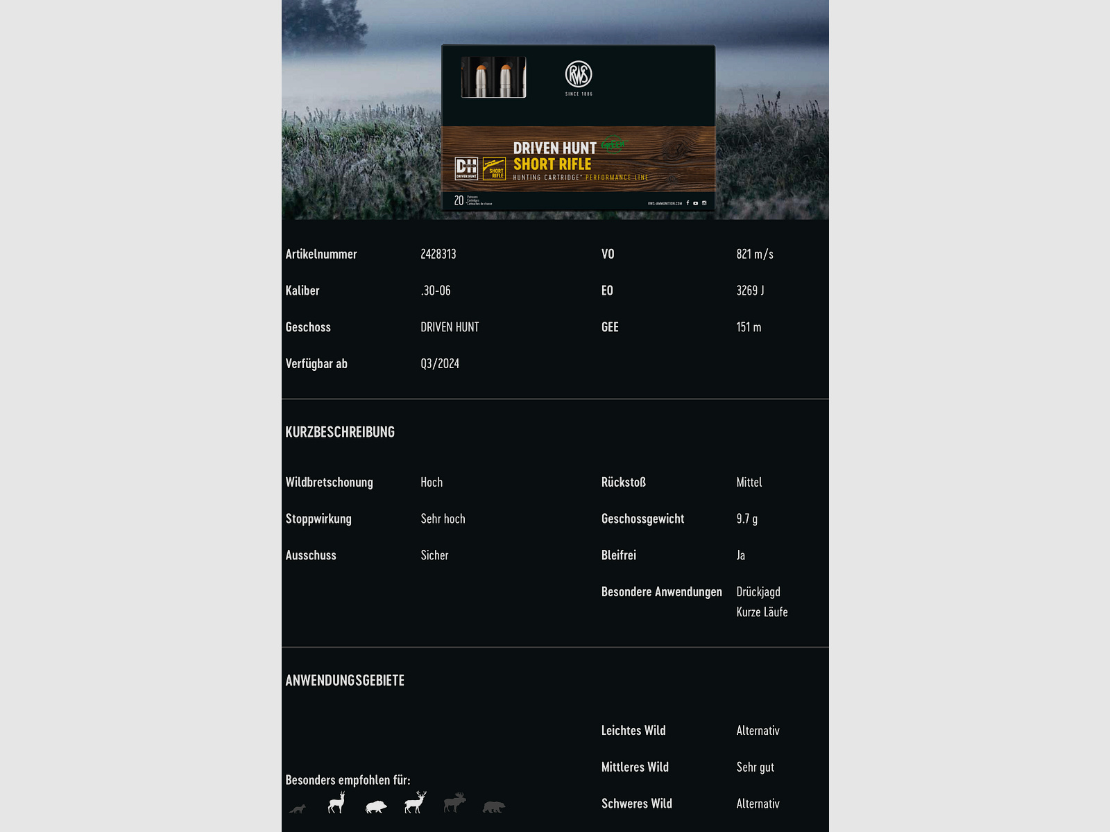 RWS 2428313 .30-06 Spr. Driven Hunt Short Rifle 9,7g 150grs. bleifrei