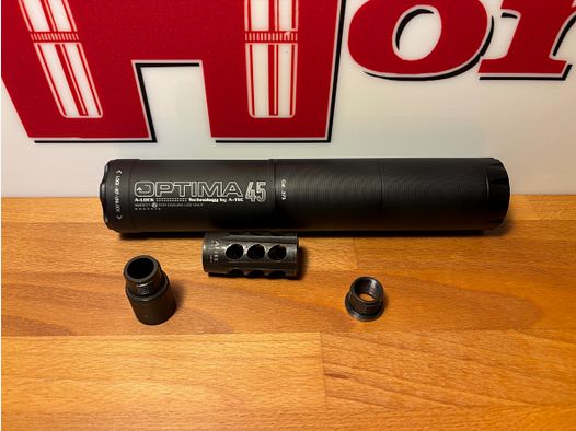 Schalldämpfer A-Tec Optima 45 OB .375 cal. mit A-lock Set Mündungsbremse und 2 Adapter!