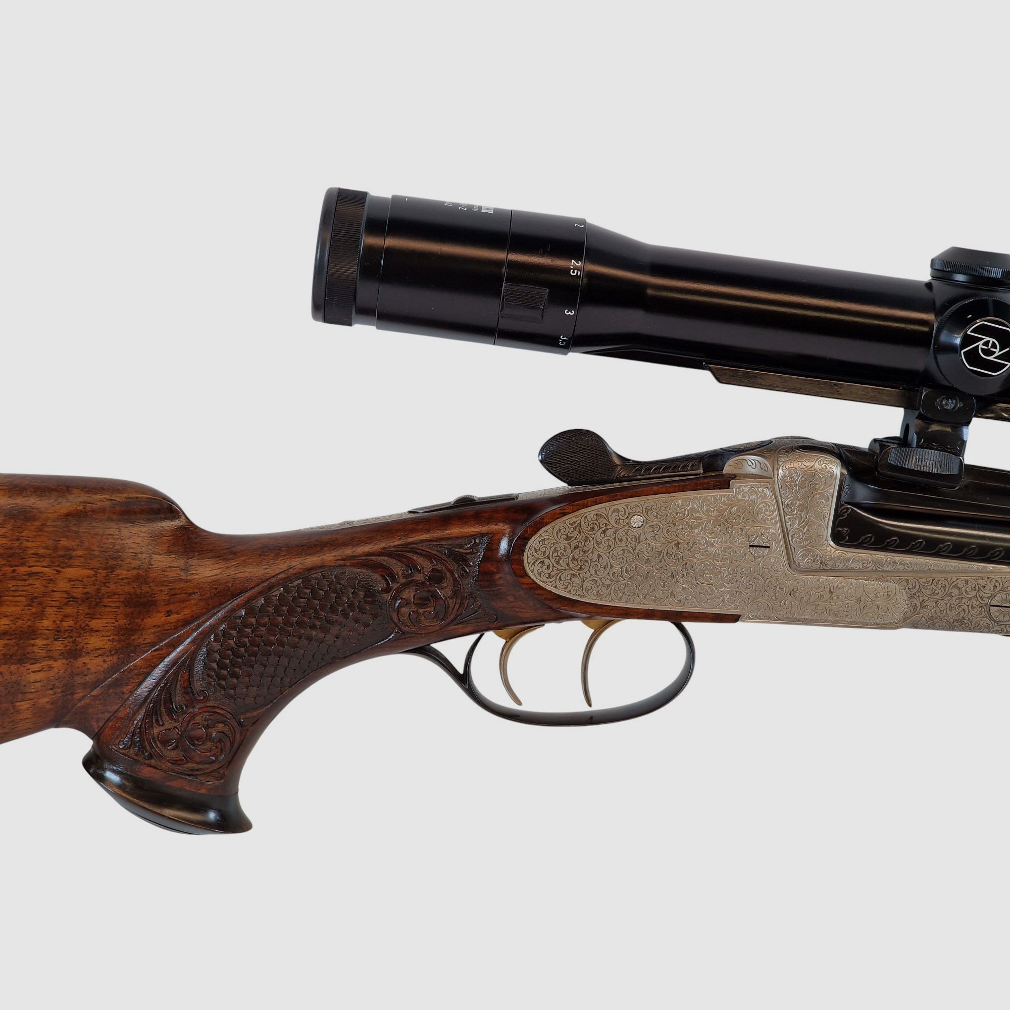 Outschar Ferlach side lock break-action rifle in caliber 6.5x57R with variable Zeiss optics