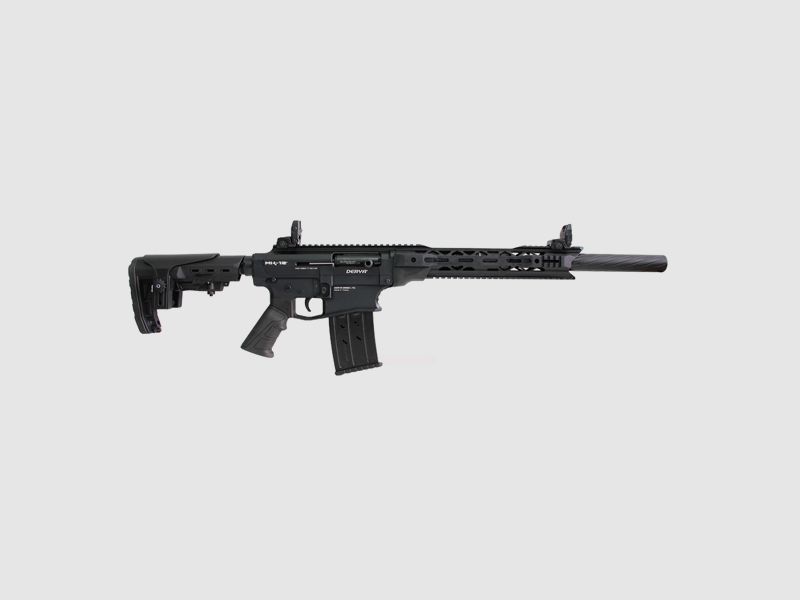 DERYA MK12 BLACK półautomatyczny z gazowym zasilaniem, kal. 12/76, zbudowany na platformie AR15, stworzony do strzelectwa sportowego i nie tylko. Górna i dolna część oraz przednia rękojeść wykonane są w całości z aluminium, a kolba (regulowana) z polimeru.