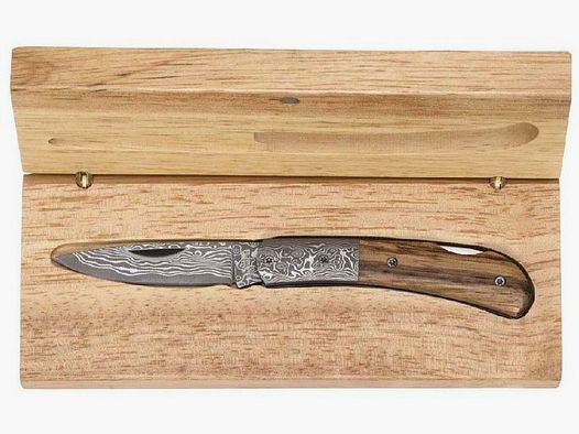 Damascus pocket knife with zebra wood handle