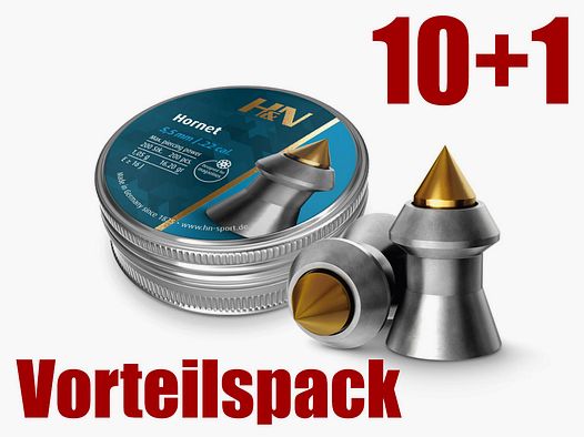 10+1 GRATIS x 200 StĂĽck H&N Hornet Diabolo, Hohlspitz, Messingspitze, Jagd, Kaliber 5,5 mm, 1,05 g