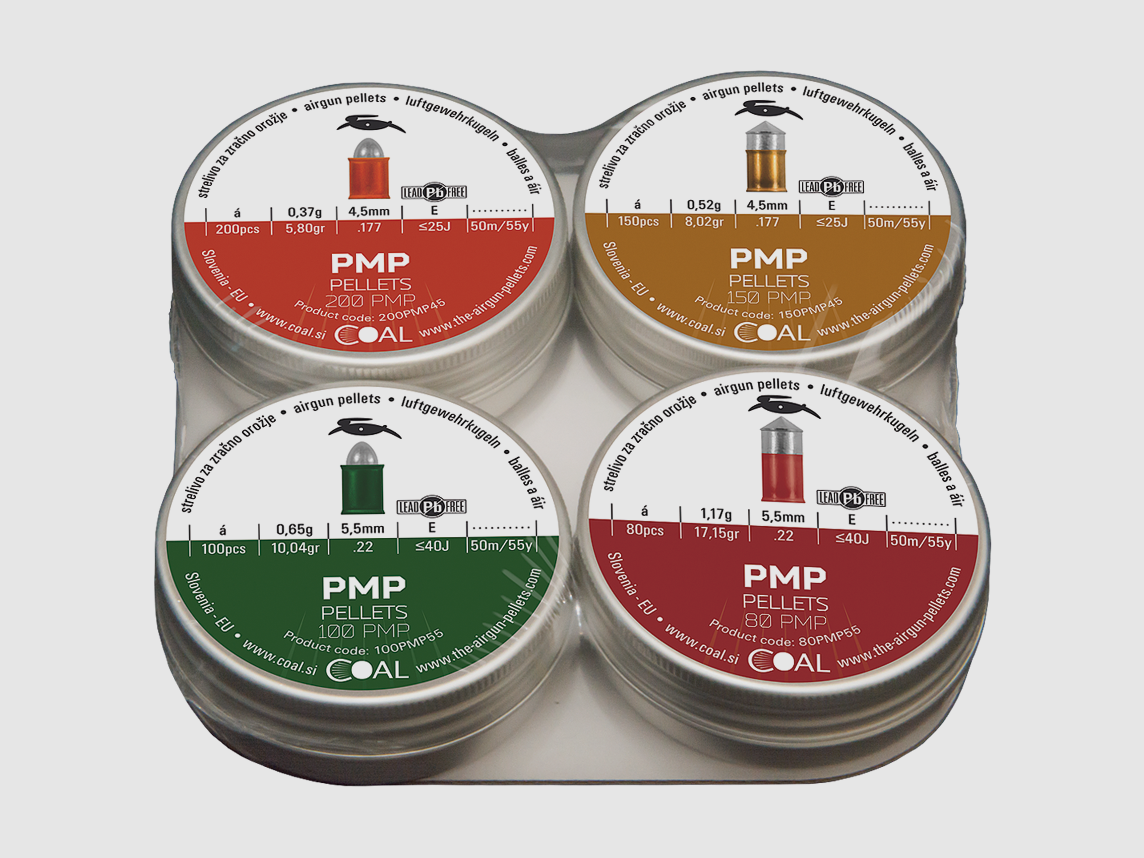 Coal PMP-Pellets (Kunststoff-Metall-Pellets) 4er Test-Packung, Kal.4,5mm/.177 und Kal.5,5/.22 Bleifreie-Pelletts 200PMP/150PMP/100PMP/80 PMP