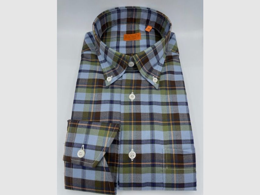 Bruli Herrenhemd Flanell in Hellblau/Oliv