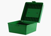 MTM Deluxe patroonbox R-100-10 groen met klepdeksel en handvat voor 100 patronen .22-250 en anderen.
