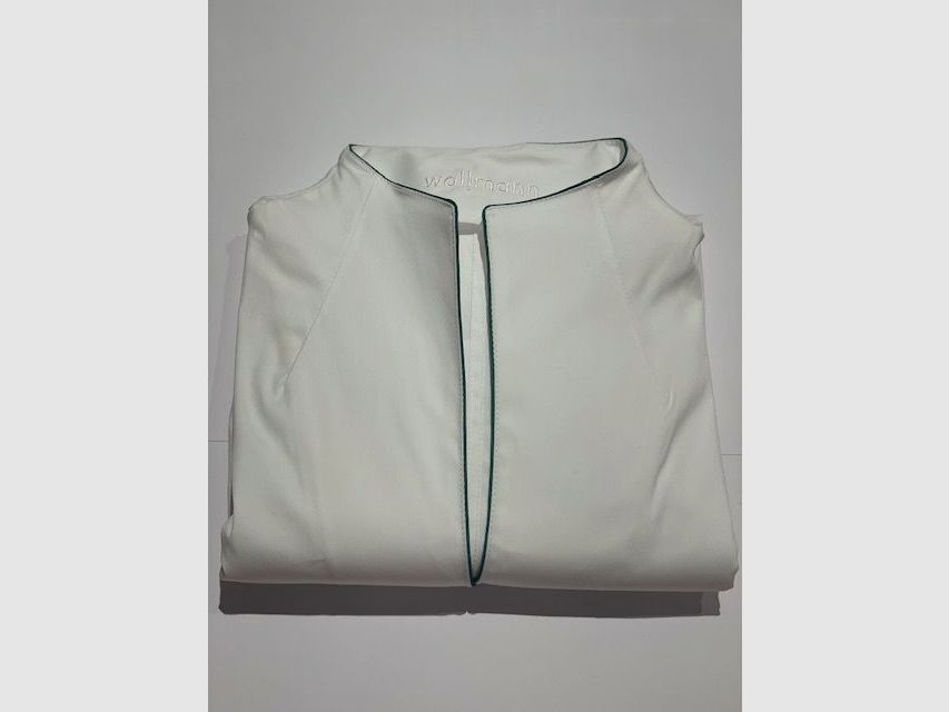 Schwanenhalsbluse Langarm Weiss mit Paspol in Mittelgrün, Bild 1 von 2