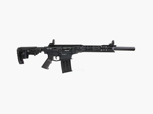 DERYA MK12 BLACK semiautomatico a presa di gas, calibro 12/76, costruito su piattaforma AR15 creato per il tiro sportivo e non solo. Upper, lower e astina sono realizzati completamente in alluminio e il calcio (regolabile) in polimero.