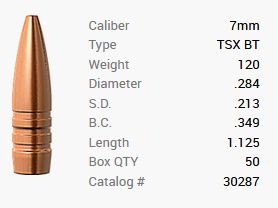 Balle Barnes 7mm/.284 120GR TSX BT 50 pièces