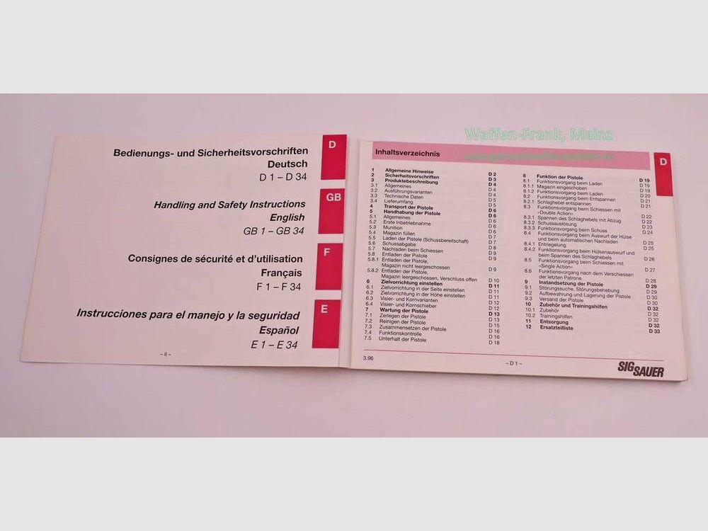 SIG Sauer Operating Manual Mod. P226
