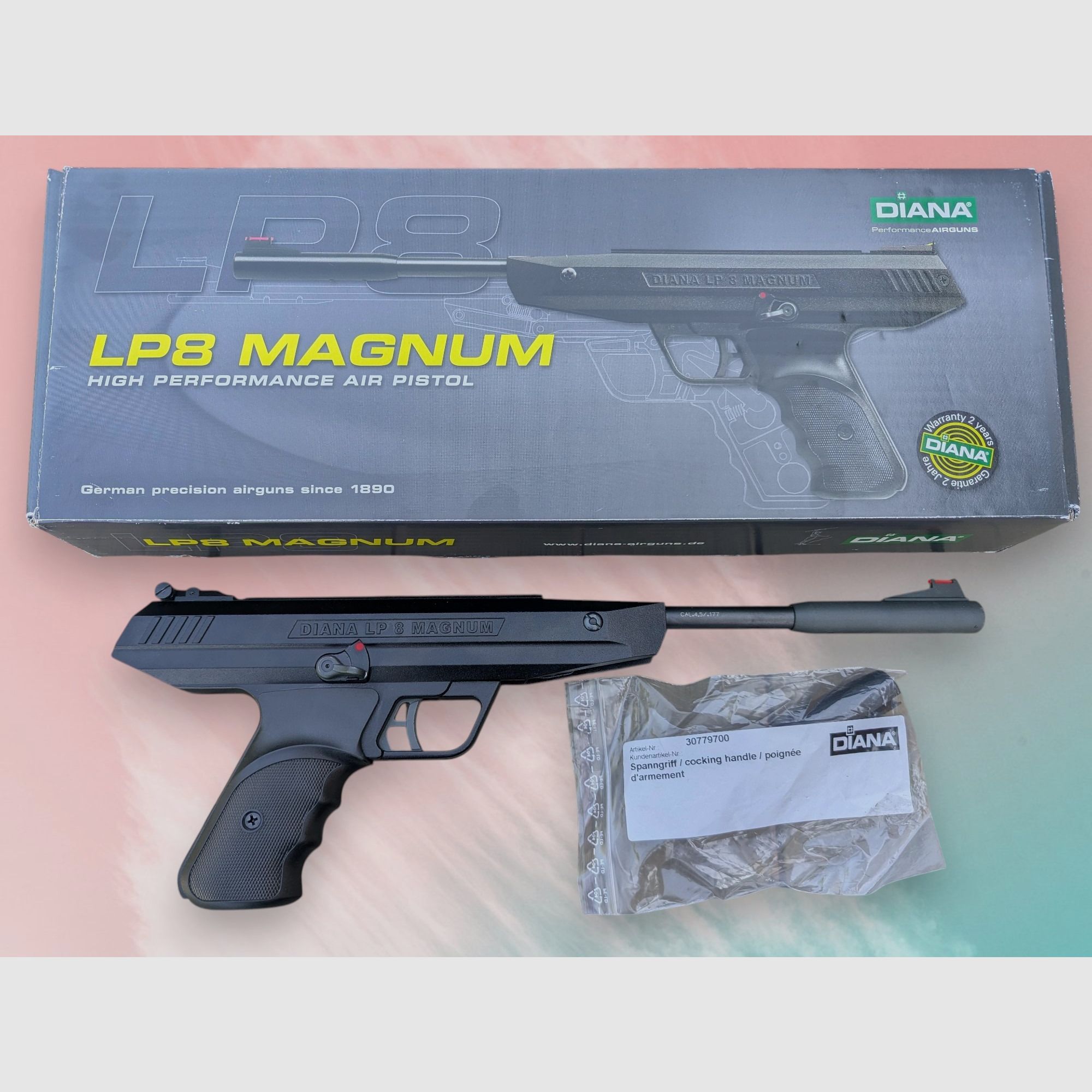 Pistola de aire comprimido de cañón basculante Diana LP8 Magnum 4,5mm Diabolo con ayuda de armado en embalaje original, estado excelente