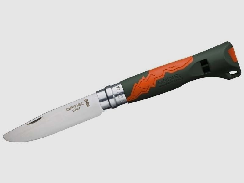 Opinel Kindertaschenmesser Nr. 7 OUTDOOR JUNIOR, Stahl 12C27, abgerundete Spitze, khaki/orangefarbener Polyamid-Griff,
