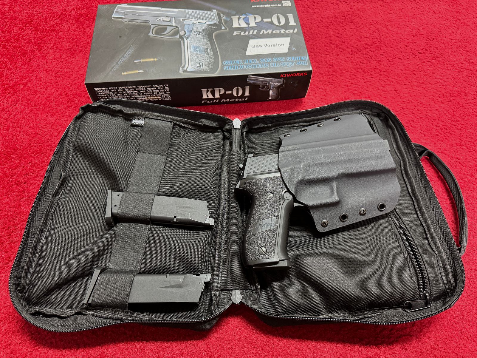 KJ Works KP-01 SIG P226 Vollmetall Gas Blow Back Airsoft GBB 6mm + Tasche-Holster - 3 Magazine 