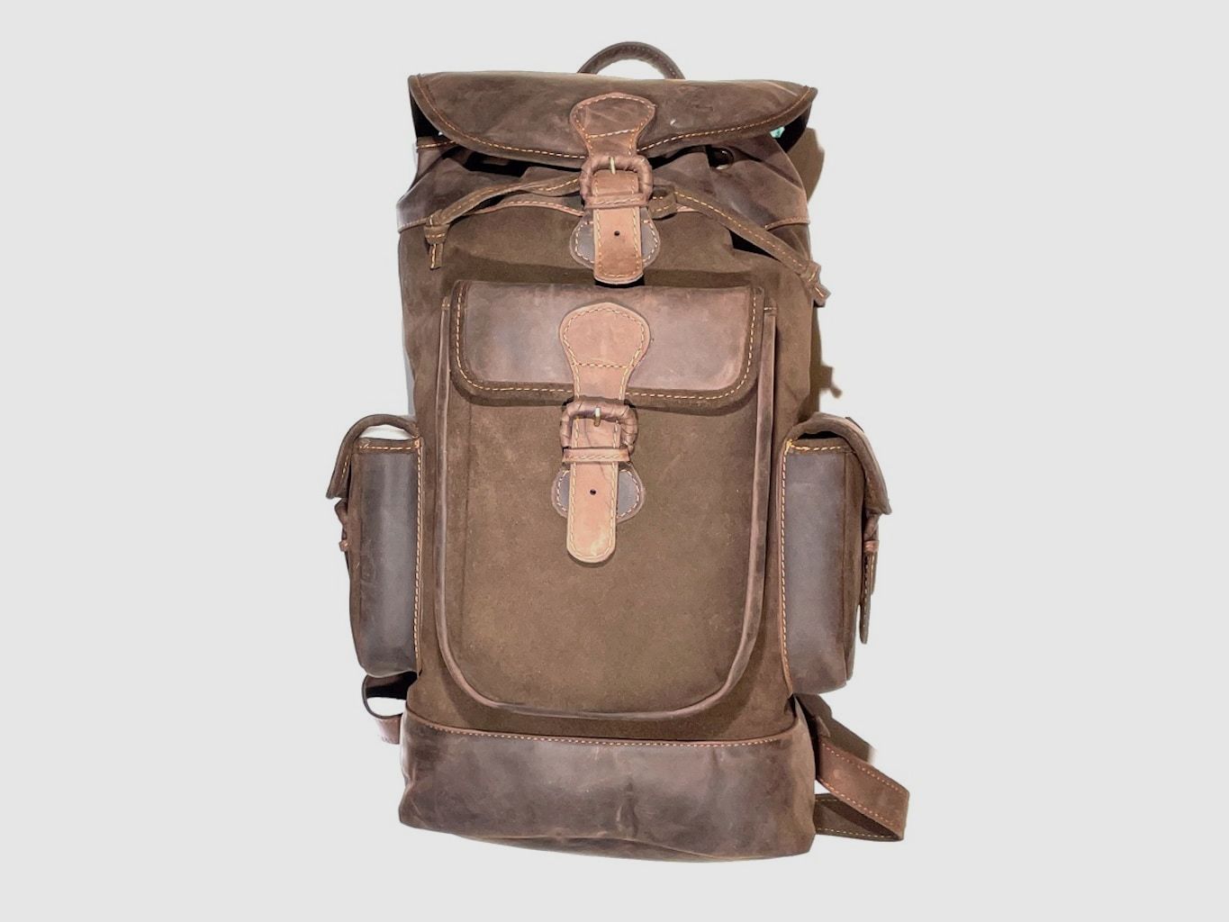 Zaino da caccia in pelle vera con tasche laterali scuro, immagine 1 di 2