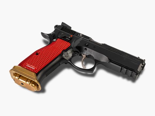 BLEIDRAGUN`s SHADOW 1 SCHWARZ/ROT/GOLD - CZ 75 SP-01 Shadow 9mm Luger Set mit Daumenauflage, Holster u.v.m.